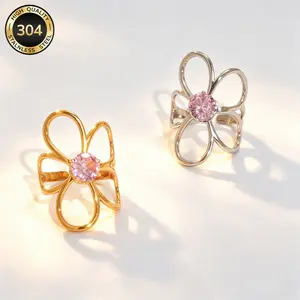 Women's Minimalist Non Tarnish Jewelry Stainless Steel Hollow Daisy Open Ring with Zircon - Tarnish Proof, Anti-Rust, Adjustable Interchangeable, Lightweight, Metal Coated, Casual Style Rings for Stacking & Summer Wear