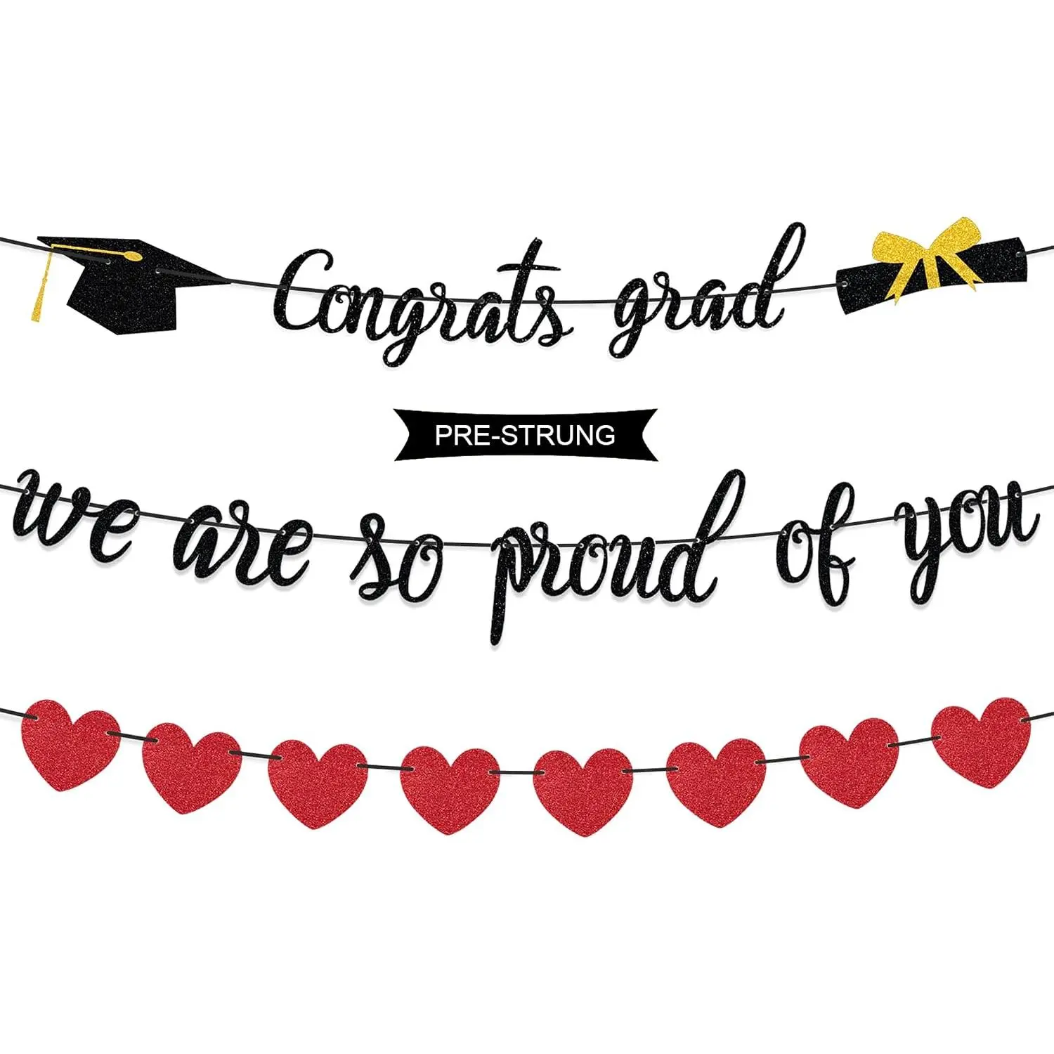 Graduation Decorations, Congrats Grad We Are So Proud of You Banner for Class of 2026 Party Decorations, Black Glitter