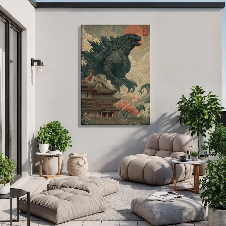 Godzilla Vintage Art, Japanese Monster Illustration with Pagoda
