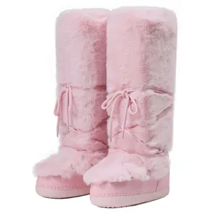 AOSPHIRAYLIAN Faux Fur Knee-High Snow Boots for Women, Ultra Cozy Warm Winter Boots with Drawstring Detail, Plush Lined Non-Slip Snow Booties for Cold Weather Black Pink footwear