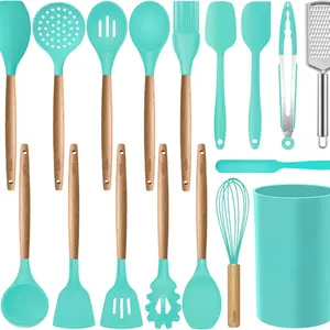 17 Pcs Silicone Cooking Kitchen Utensils Set with Holder, Wooden Handles Cooking Tool BPA Free Turner Tongs Spatula Spoon Kitchen Gadgets Set for Nonstick Cookware (Teal)