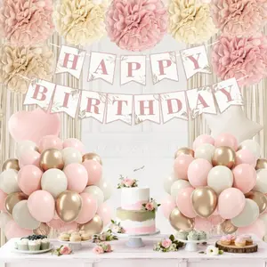 Boho Pink & Gold Balloon Set with Paper Pom Poms & Fringe Curtain for Neutral Birthday Party Decor
