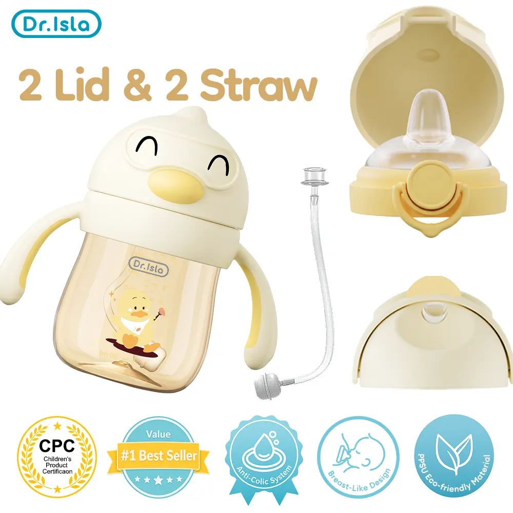 Dr.Isla PPSU Leakproof Sippy Cup, 9oz/240ml, 2-in-1 Baby Training Cup for 6–12 Months & 1–3 Years, Weighted Straw with Gravity Ball, Anti-Slip Handles, Spill-Proof & Anti-Choke Design, Cute Duck Style, BPA-Free #summervibes