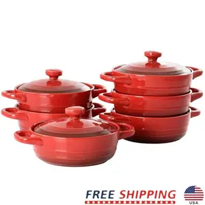 6 Piece Stoneware Mini Casserole Set 10oz with Lid Round Dish Baking Serving Dishes Microwave Oven Safe Integrated Handles