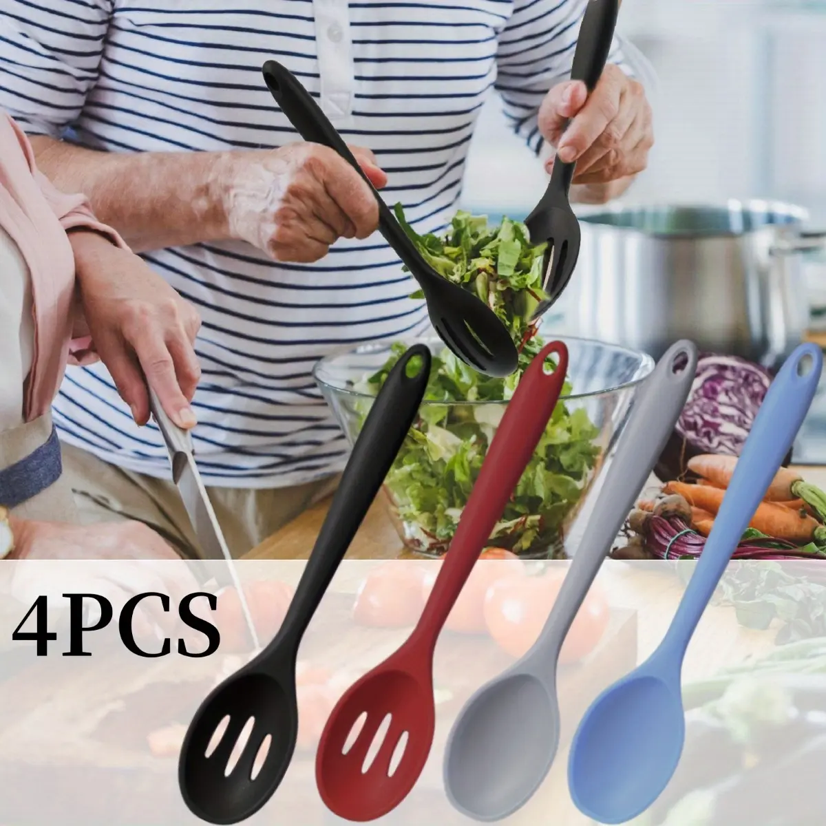 4 Pcs Small Silicone Spoons for Cooking 8 Inch Nonstick Serving Spoons Heat Resistant Slotted Spoon for Mixing & Stirring Kitchen Cooking Utensils, Dishwasher Safe(Mixed Colors)