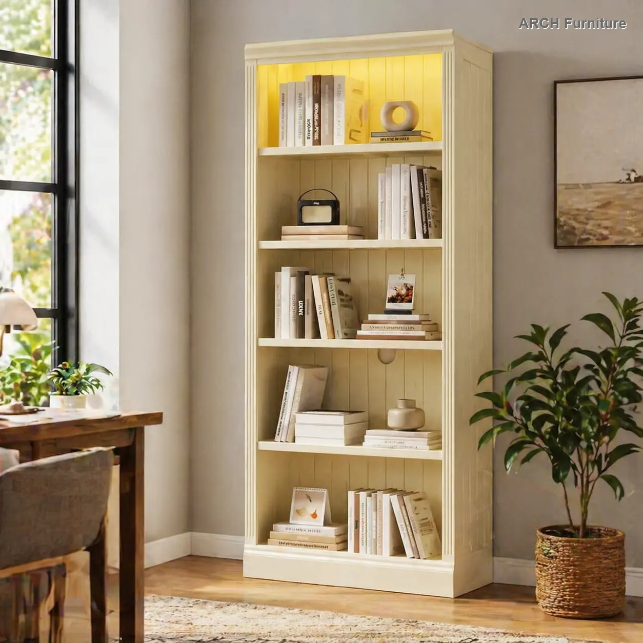 Modern 5-Tier Rectangular Solid Wood Bookshelf, Free-Standing Unit with Adjustable Shelves, LED Light Strip Bookshelf Accessory, CD/Book Storage Organizer for Living Room, Home Office, Beige and Yellow