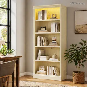 Modern 5-Tier Rectangular Solid Wood Bookshelf, Bookshelf Accessory with LED Light Strip, Adjustable Shelves, CD/Book Storage Organizer, Free-Standing Unit for Living Room, Home Office, Beige and Yellow, Modern Bookshelf