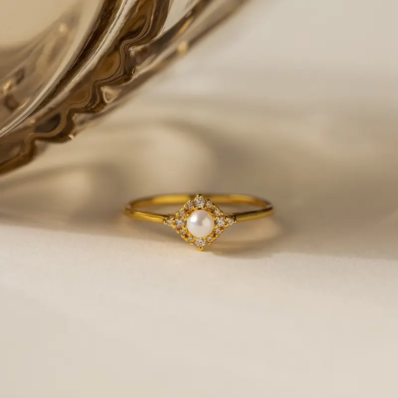 Vintage Pave Pearl Ring by Caitlyn Minimalist - Dainty Pearl and Diamond Engagement Ring - Art Deco Jewelry - Anniversary Gift for Her