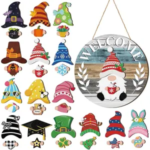 Interchangeable Wooden Gnome with Magnetic Hats and Welcome Sign for Entryway Display