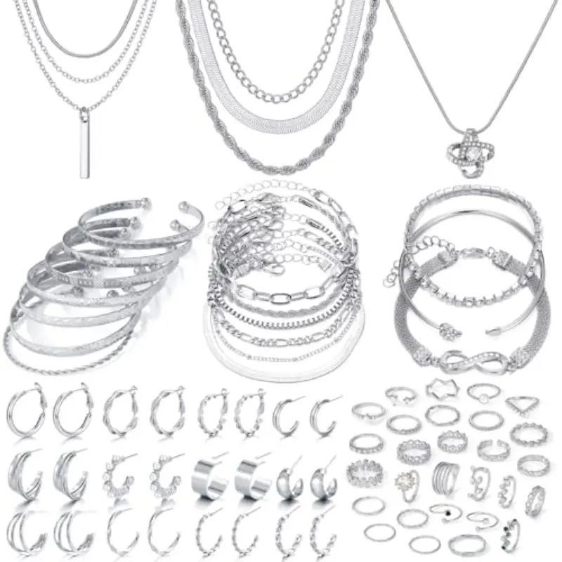 Costume Jewelry Set for Women, 36-Piece Boho Silver-Plated Collection, Affordable Fashion for a Daily Wear Jewelry Stack with Necklaces, Bracelets & Cuffs, Lead-Free Alloy, Multi-Strand, Bling Effect, Rhinestones