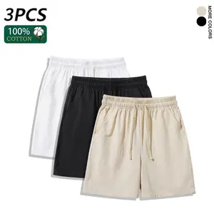3 Pieces 100% Cotton Linen Shorts for Men & Women, Summer Casual Elastic Waist Drawstring Breathable Beach Shorts