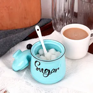 Ceramic sugar bowl with lid and spoon, sugar container for Coffee Bar, sugar Dispenser Bowl, Porcelain Sugar Storage Jar, sugar jar, Seasoning Pot Set, Kitchen Decor and Accessories, 12oz
