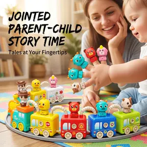 Toddler Friction Train Toy Stackable Connectable with Animal Finger Puppets Educational Playset for Ages 1-3