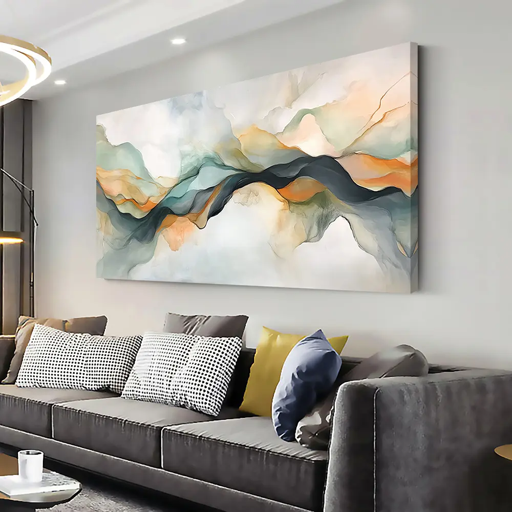 Modern abstract canvas wall art framed fluid art print in green, blue, orange and white, high quality ink printed on canvas, suitable for living room, bedroom, office decoration, framed canvas wall art