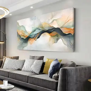 Modern abstract canvas wall art framed fluid art print in green, blue, orange and white, high quality ink printed on canvas, suitable for living room, bedroom, office decoration, framed canvas wall art