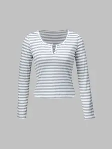Striped Henry Neck Long Sleeve T-Shirt for Women, Vintage Slim Fit Short Top, Retro Style Underwear Shirt