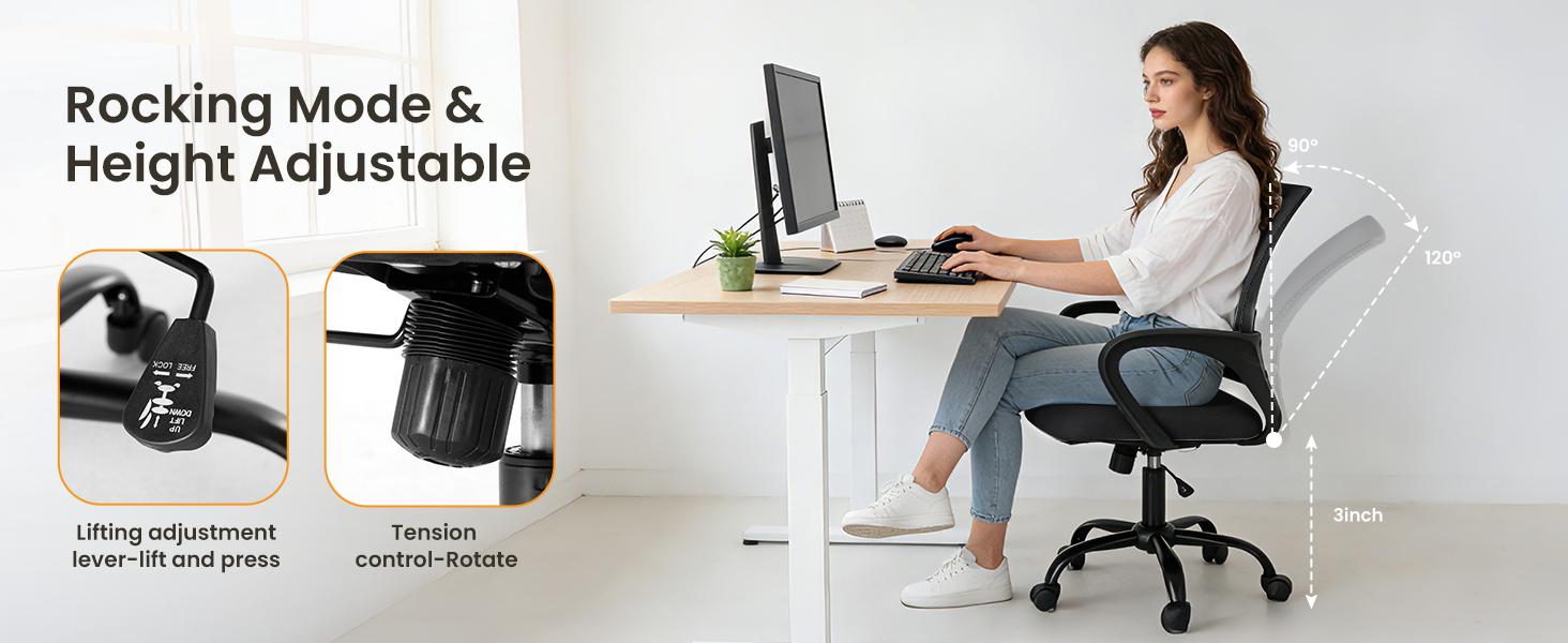 Ergonomic Office Chair with Rocking Mode, Lumbar Support, Height Adjustable, Mesh Back, Quiet Casters for Home Office & Gaming