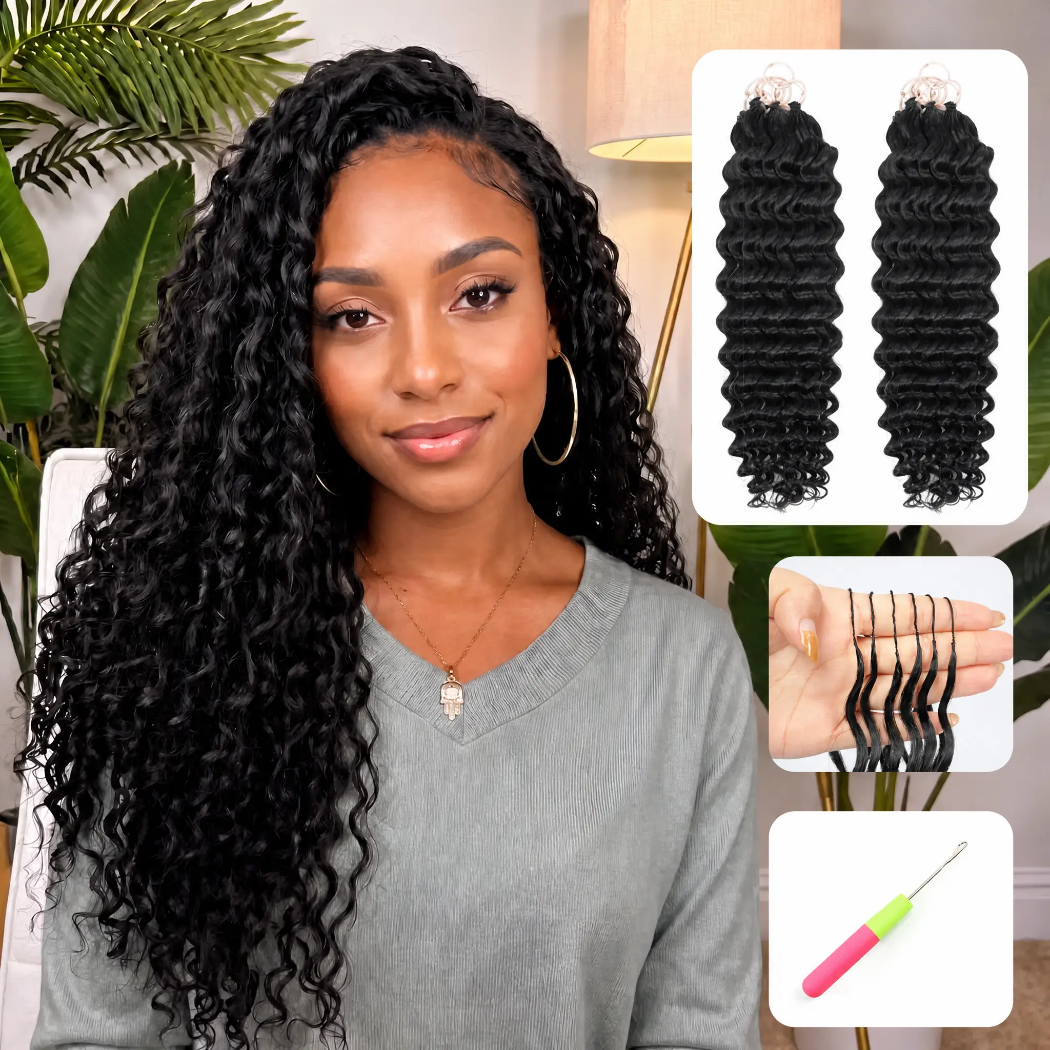 [70g/Pack] PDFZ Deep Wave/Water Wave Feather Crochet Raw Human Hair Pre-Separated Breathable 3C/4A Natural Raw Hair Extensions for Women Natural Black Miracle Knot Holiday Hair Summer Hair Beach Hair Free Crochet Needle Gifted