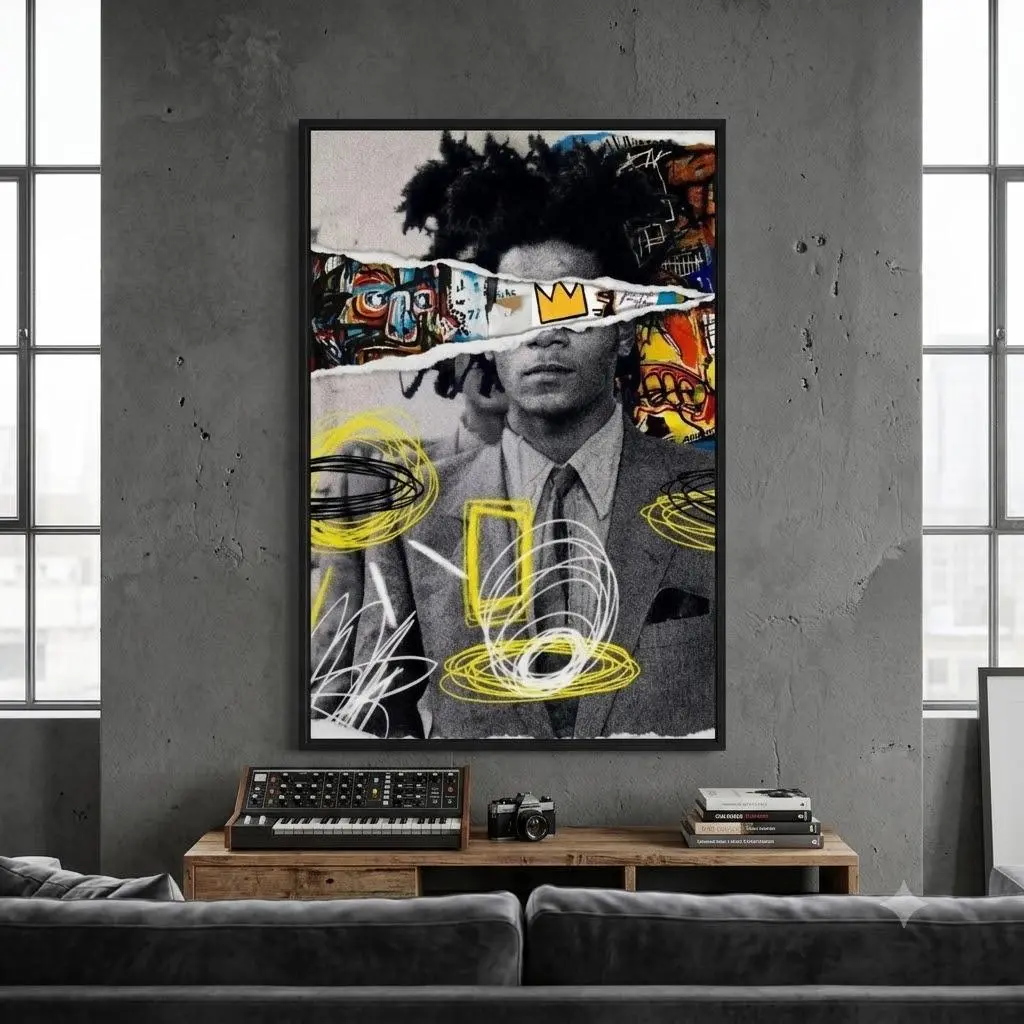 Jean-Michel Basquiat Torn Paper Collage Crown Graffiti Sketch Canvas Wall Art, Black White Portrait Abstract Street Art Print, Modern Urban Hip Hop Gallery Decor, Gift For Street Art Fans Studio Bedroom