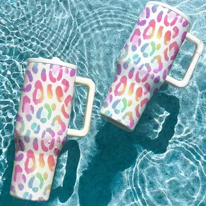Aesthetic Rainbow Leopard Print Stainless Steel Tumbler with Handle. Vacuum Insulated Travel Mug Keeps Cold 24H & Hot 12H. Perfect for Women & Girls. Stay Hydrated at the Gym, Office, Pool or Road Trips! Drinkware