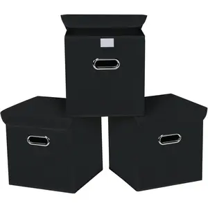 Closet Organizers Fabric Storage Bins With Lids Collapsible Cube Storage Organizer Basket With Handles,Storage Boxes for Clothes Storage,Office,Toys,3 Pack,(Black