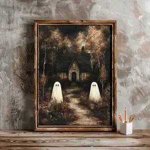 Dark Cottage with Ghosts Print, Printable Vintage Halloween Wall Art, Dark Cottagecore Rustic Farmhouse Print, Dark Academia Wall Decor
