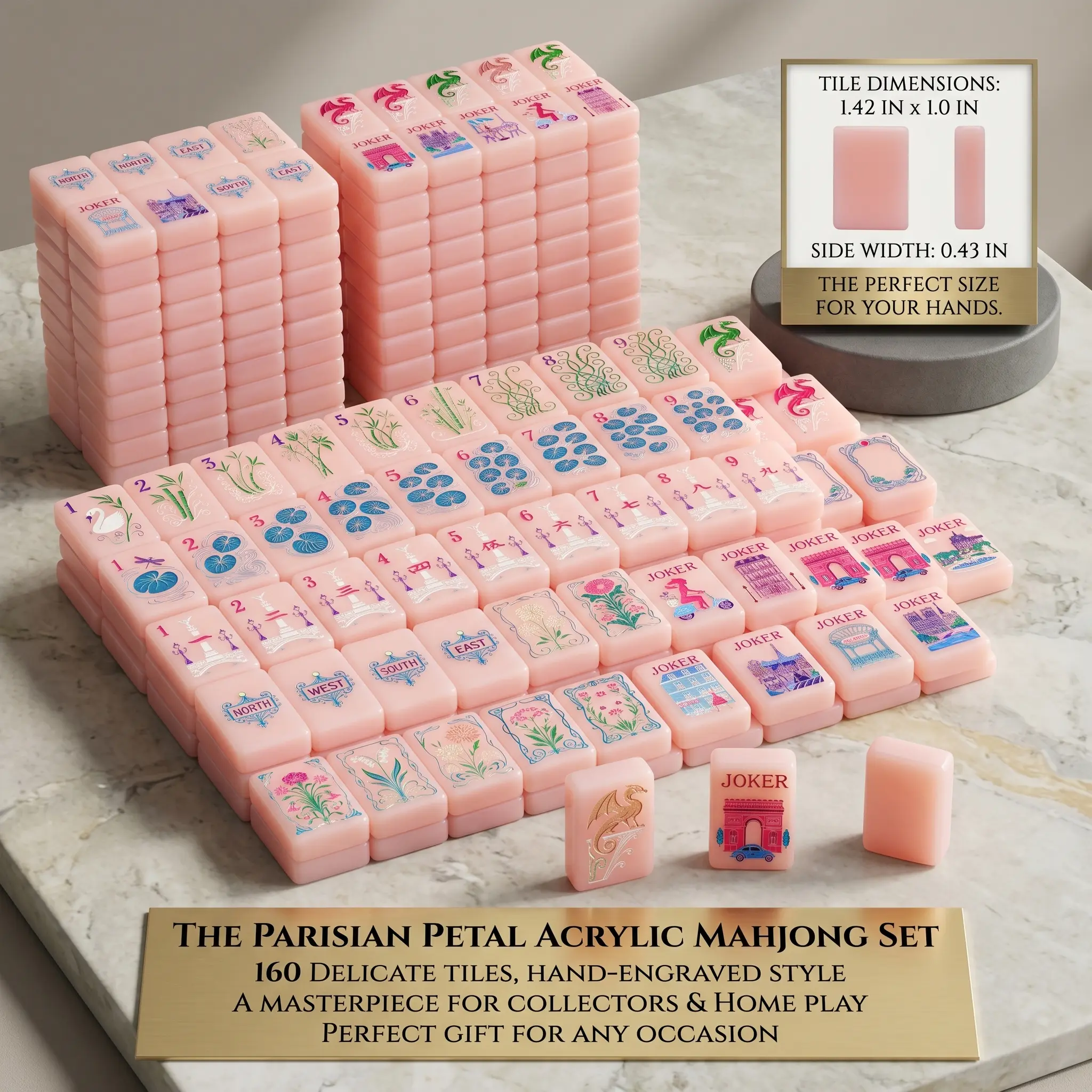 Paris-Style Mahjong Game Set with 160-Piece Crystal Acrylic Tiles, Hand-Rubbed for Smooth Play, Family Indoor Leisure Game for Housewarming Gifting, 160-Piece Paris-Style Crystal Acrylic Tiles