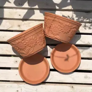 2-Pack Clay Flower Pots with Ceramic Tray, Water-Proof Breathable Design, Sunflower Relief Pattern, Large Planter for Plants & Succulents