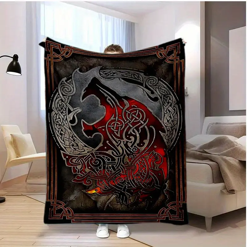 Viking Rune Wolf Soft Flannel Blanket - Warm, Stain-Resistant, Red and Black Complex Celtic Knot Design - Suitable for Sofa, Bed - Multifunctional All-Season Gift Blankets, All Seasons, Anti-Pilling, Multi-Size