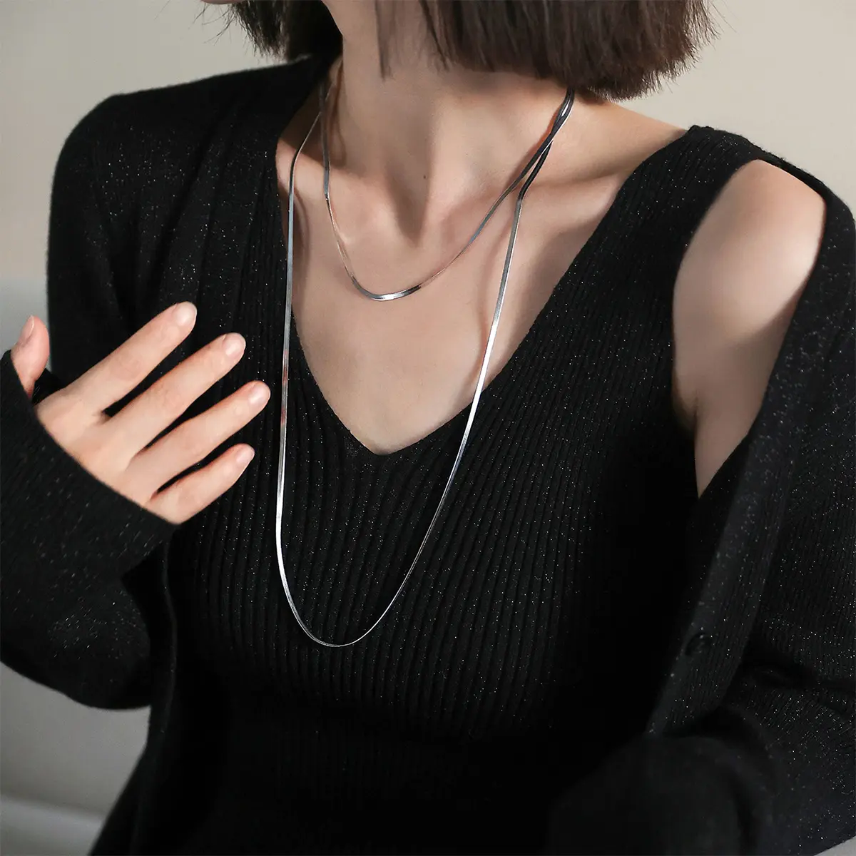 Herringbone Layered Necklace for Women, Gold-Tone Stainless Steel Extra Long Chain, Dainty Layering Jewelry for Casual Wear