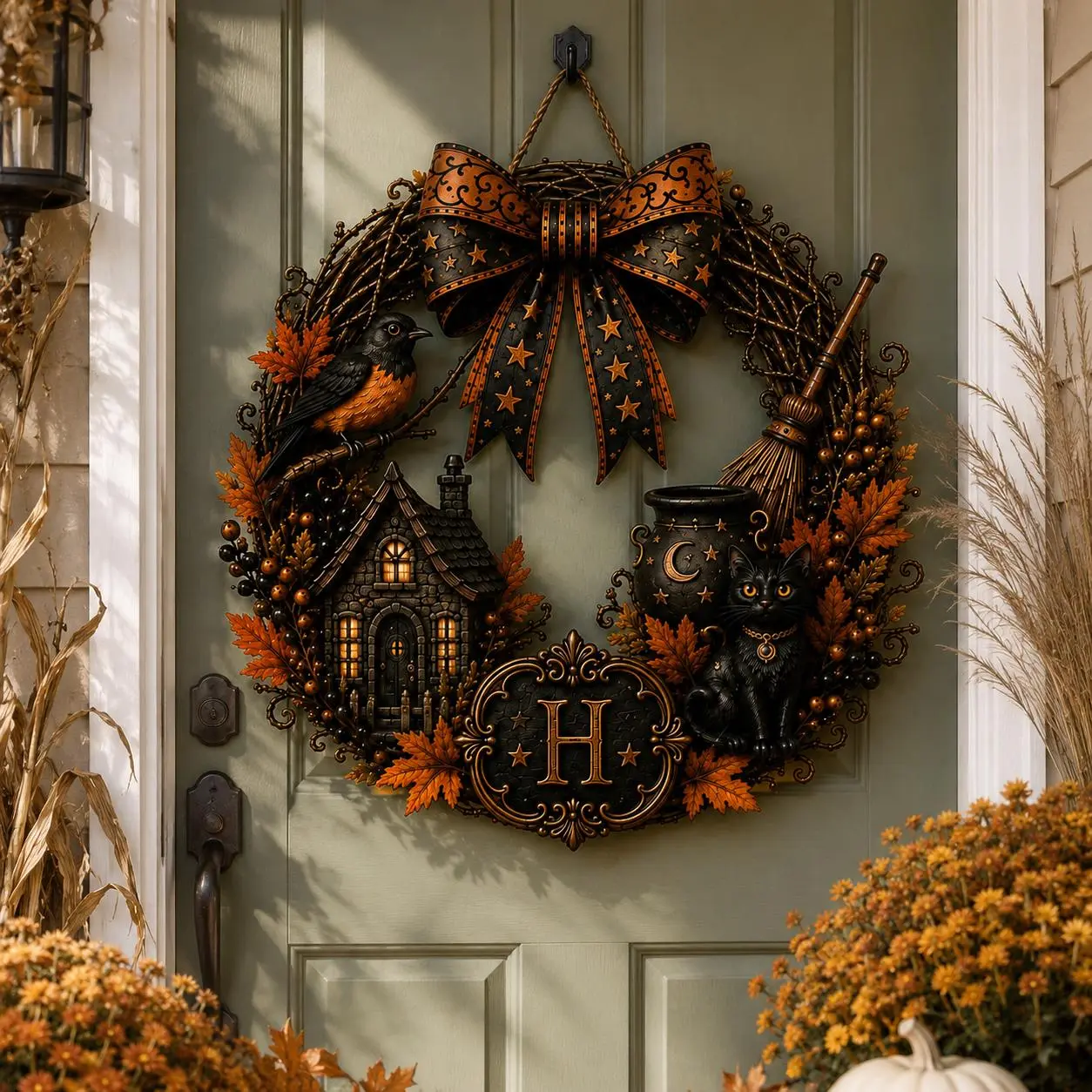 Custom Initial Halloween Wreath, Personalized Fall Door Sign, Black Cat and Witch Decor, Rustic Autumn Wreath, Spooky Front Door