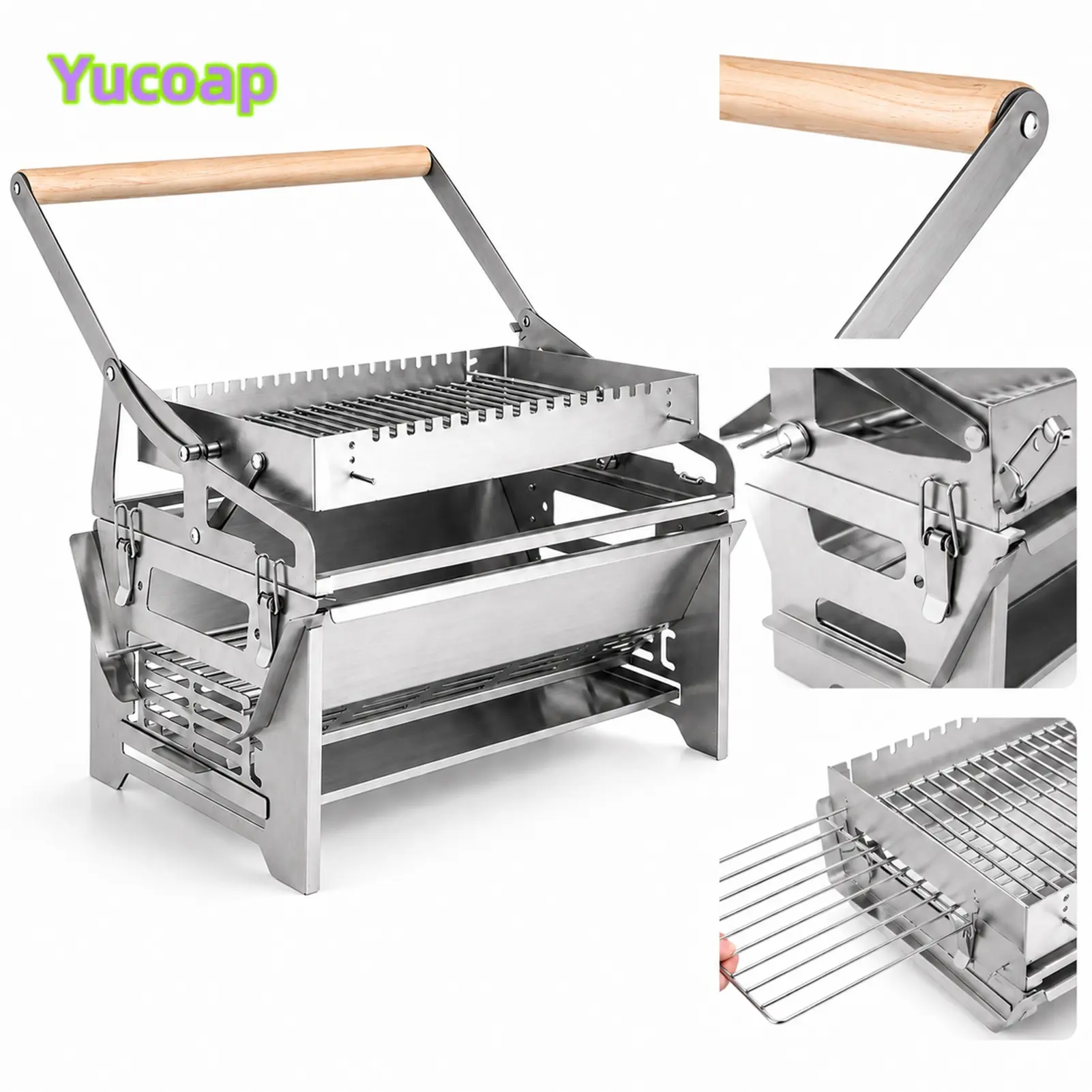 YUCOAP Portable 360° Rotating Charcoal Grill, Stainless Steel BBQ Grill for Camping, Tailgating, Picnic and Backyard Cooking