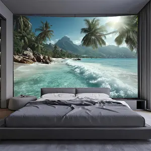 1pc Large Tropical Beach Tapestry - Vibrant Seaside Scenery with Palm Trees and Waves, Premium Brushed Fabric Indoor Decor, Suitable for Bedroom, Party Backdrop, Live Streaming Background, No Power Needed, Soft Texture