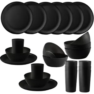 24 count Dinnerware Sets,Plates and Bowls Sets,Dishes Set for 8,Unbreakable Modern Dish Sets, Dinning Set,Dishware Sets for Kitchen,Party or Picnic, Dishwasher Safe,Black,