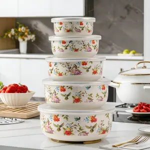 Set of 5 Airtight Enamel Storage Containers - Versatile Lunch Boxes And Bowls for Kitchen, Office, School, And Outdoor Camping