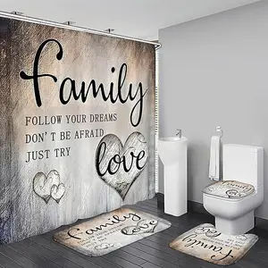1/4pcs Retro Inspirational Quote Design Shower Curtain Set with Heart and LOVE Pattern, includes  non-slip mat, U-shaped rug, toilet seat cover. for bathroom décor, beautifying the space, Bathroom Decoration Accessories. with 12 shower curtain hooks