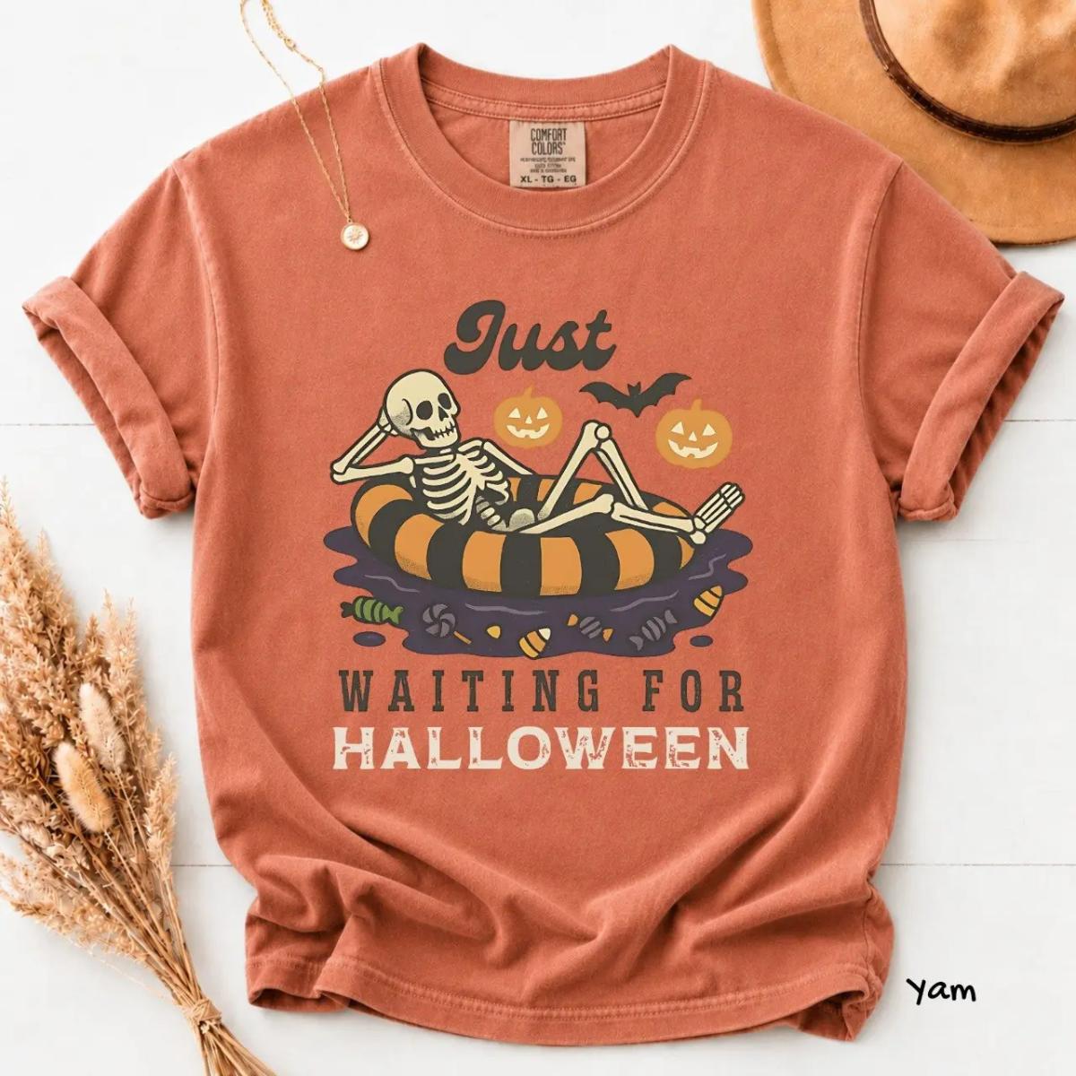 Comfort Colors Just Waiting For Halloween T-Shirt, Summerween Retro Tee, Spooky Summer Tee