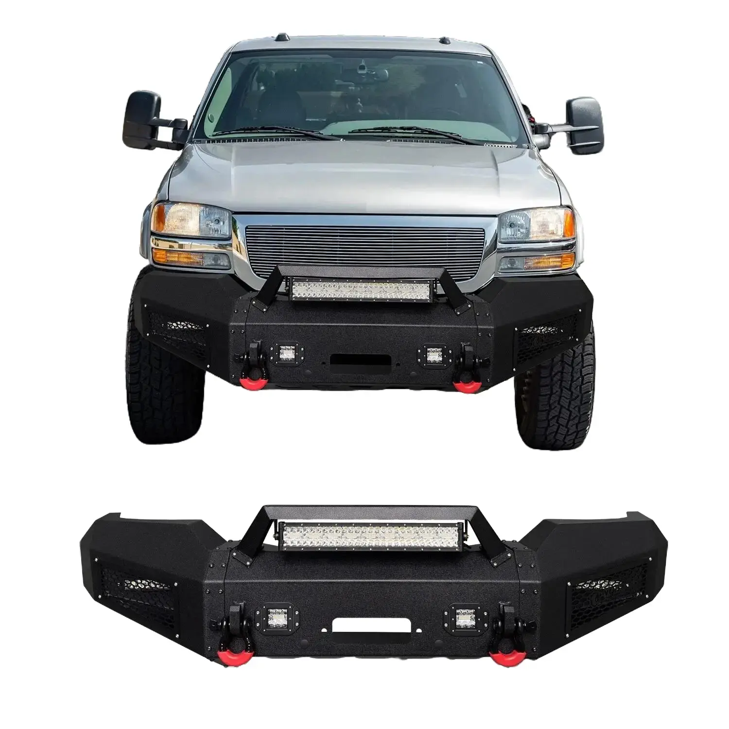 Vijay Black Textured Finish Metal Front Bumper - Perfect Fit for 2003-2006 GMC Sierra 1500/2500HD/3500, with Winch Plate, LED Offroad Lights, 2 D-Rings, Durable, High-Performance, Improved Visibility, Simple Screw Installation, Led Lights