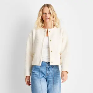 Future Collective Women's Teddy Chain Jacket - Cream Heavyweight Recycled Polyester Knit Easy Fit Long Length Front Button Down Coats