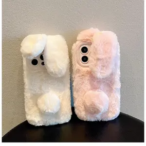 Autumn and winter plush rabbit for IP16promax phone case new ip15pro warm ip14 with lanyard ip13 furry protective case