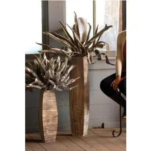 Set Of Two White-Washed Tall Oblong Wooden Vases