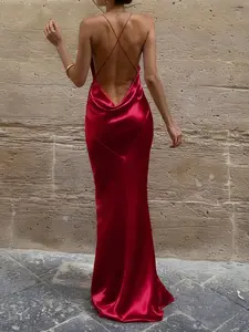 Elegant Backless Wine Spaghetti Strap Maxi Dress, Formal Wear, Adjustable Shoulder Straps, Perfect for Christmas Party & Tie Weddings