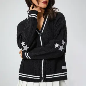 Women's Autumn Winter Knit Cardigan Long Sleeve V Neck Star Print Button Down Knitwear, Ladies Clothes for Indoor Outdoor Wear, Ladies Clothes for Daily Wear