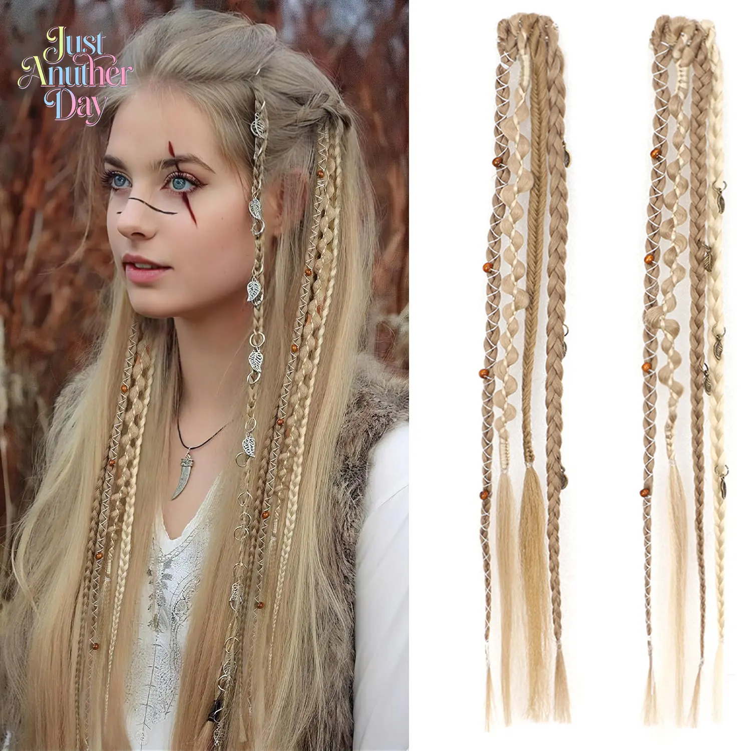 2Pcs Boho Braided Hair Extensions, Viking & Desert Style Dreadlock Hairpieces, Maillard Color Synthetic Twisted Braids with Metal Charms for Cosplay