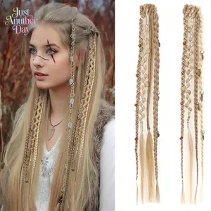 2Pcs Boho Braided Hair Extensions, Viking & Desert Style Dreadlock Hairpieces, Maillard Color Synthetic Twisted Braids with Metal Charms for Cosplay