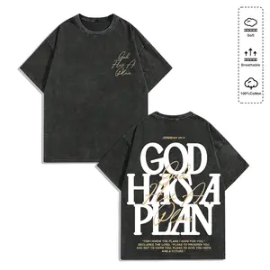 Retro Washed T-Shirt Double Sided Printed (230 Pure Cotton T-Shirt) 'GOD HAS A PLAN' Letter Print, Men's T-Shirt, Men's Casual, Comfortable, Fashionable T-Shirt, Street Style Cotton washed pure cotton Streetwear Crewneck