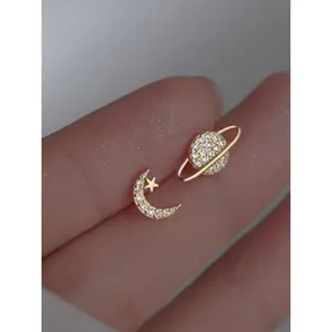 Fashionable asymmetrical moon and star design earrings, rhinestone decorative earrings, an elegant gift for girls with a complete jewelry set, classic fashion accessories for women’s everyday wear GARMENTARY