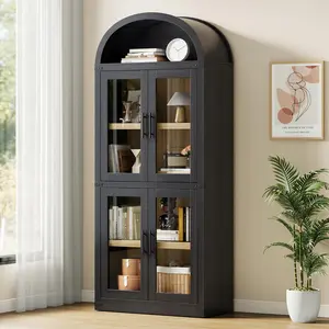 Arched Bookshelf with Doors Farmhouse Bookcase 15.83in Depth Display Storage Shelves 71.4in Tall Wooden Display Cabinet Rounded Bookcases for Living Room, Kitchen, Office