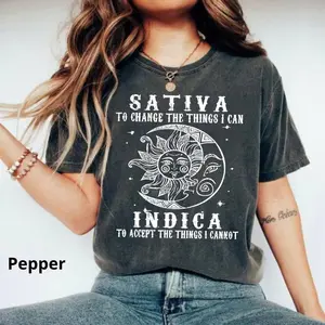Comfort Colors Sativa Indica Boho T Shirt, Vintage Sun & Moon Print Round Neck Graphic Tee, Full Size Options, Everyone Can Find Their Fit, Gift