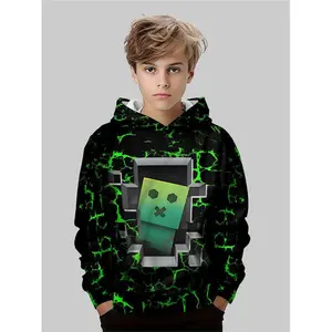 Boys’ autumn and winter hooded sweatshirt, patterned hooded sweatshirt, creative pixel character design, pattern, casual fashion, fashionable children’s clothing GARMENTARY